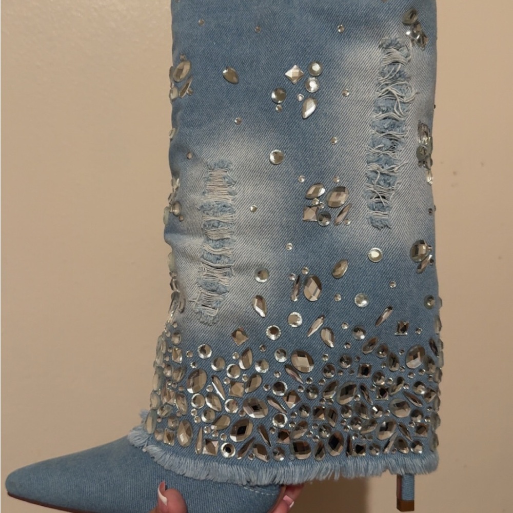 Embellished Denim Knee-High Boots